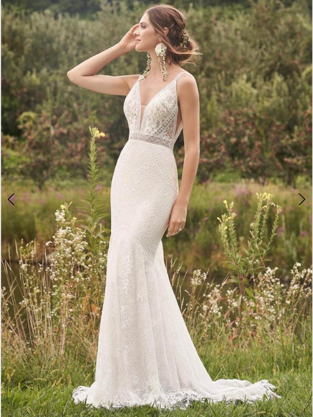 Lace V-Neck Lillian west 66136 ivory beige Wedding Gown with Sheer panels